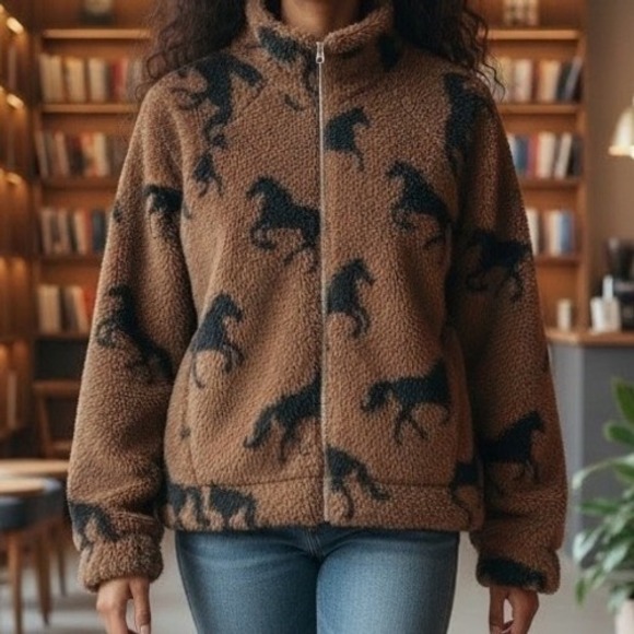 NWT Knapp Studio Horse Print Fleece Jacket Brown Black Full Zip Sherpa Large - Picture 1 of 8
